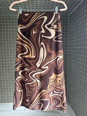 Midi Slip Skirt in Brown Swirl Print